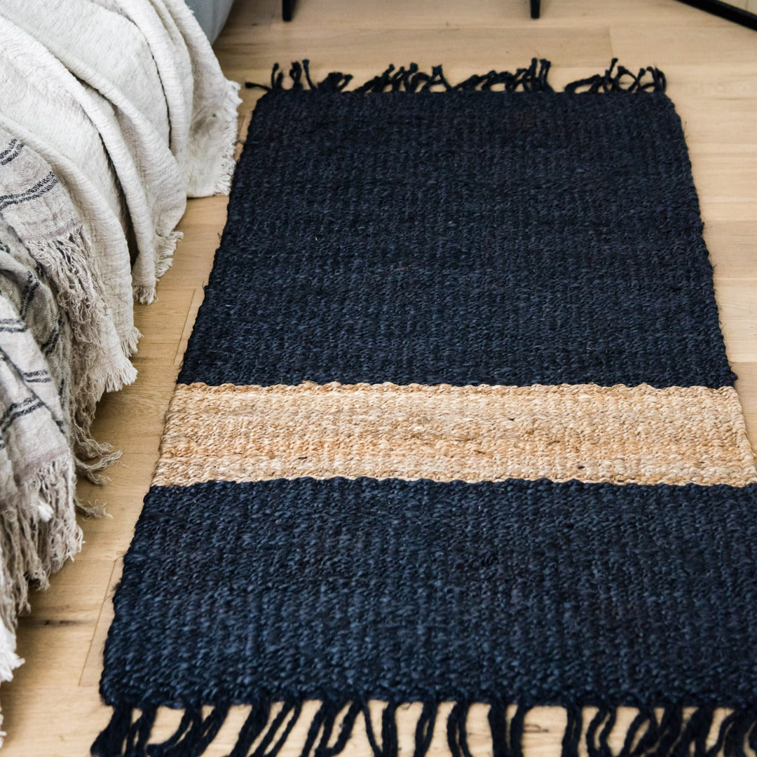 Jute Bedroom Mat - Black mat with fringe
