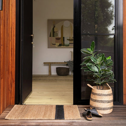 Entryway with a plant in a woven basket, doormat, and shoes on a wooden floor.